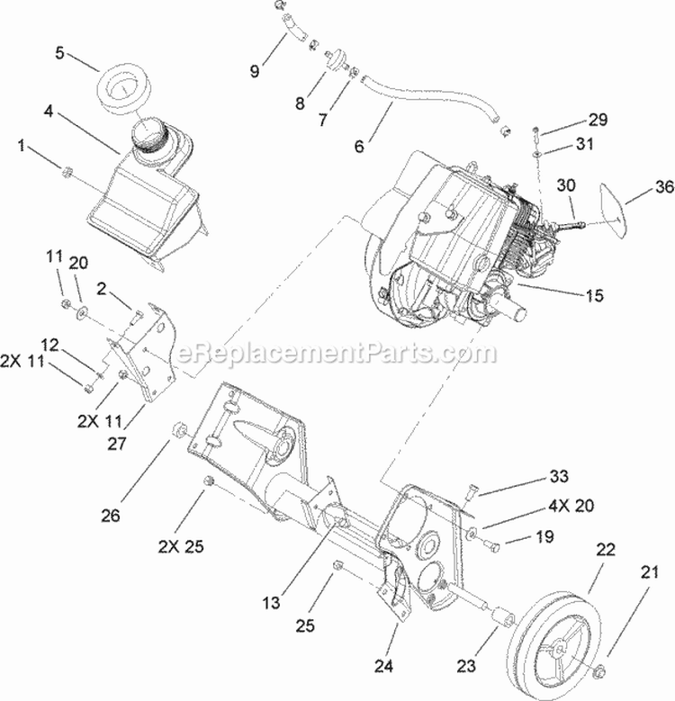 Engine, Gas Tank & Frame Assembly Diagram and Parts List for 33005 260000001-260999999 - 2006 Lawn Boy Snow Blower